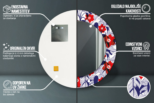 Lustro ramka z nadrukiem okrągłe Filodendron i czerwone kwiaty