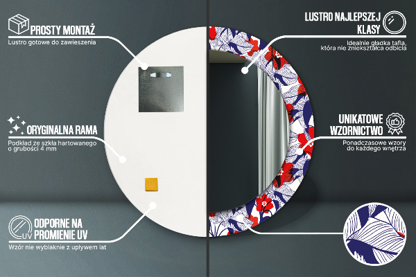 Lustro ramka z nadrukiem okrągłe Filodendron i czerwone kwiaty