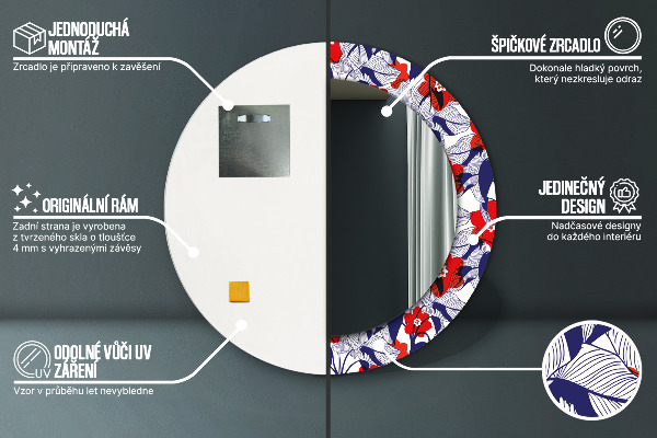 Lustro ramka z nadrukiem okrągłe Filodendron i czerwone kwiaty