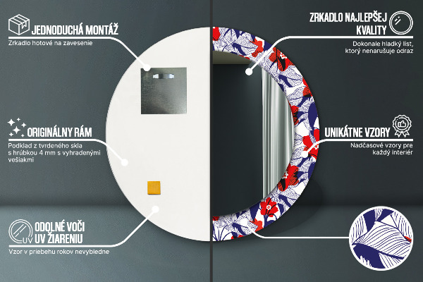 Lustro ramka z nadrukiem okrągłe Filodendron i czerwone kwiaty