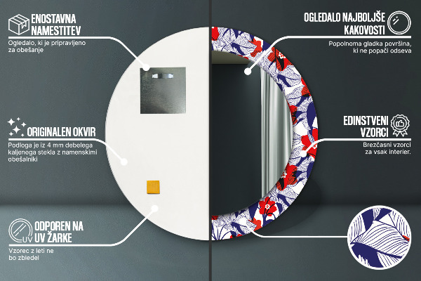 Lustro ramka z nadrukiem okrągłe Filodendron i czerwone kwiaty