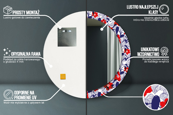 Lustro ramka z nadrukiem okrągłe Filodendron i czerwone kwiaty
