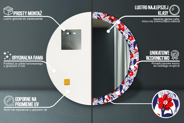 Lustro ramka z nadrukiem okrągłe Filodendron i czerwone kwiaty