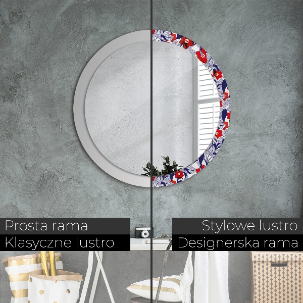 Lustro ramka z nadrukiem okrągłe Filodendron i czerwone kwiaty