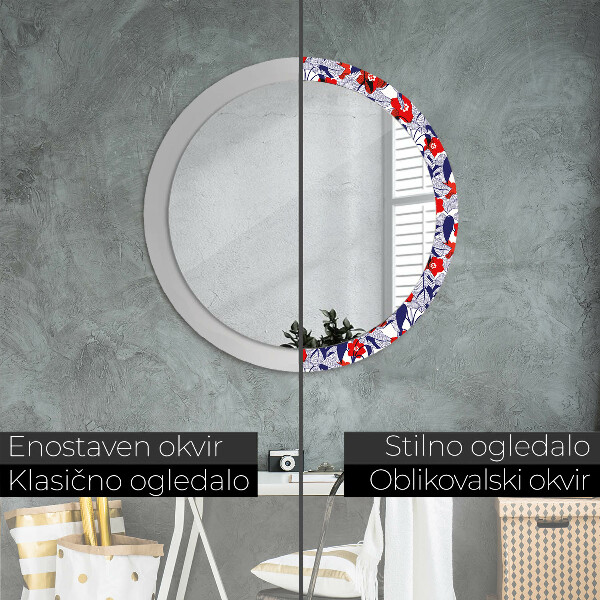 Lustro ramka z nadrukiem okrągłe Filodendron i czerwone kwiaty
