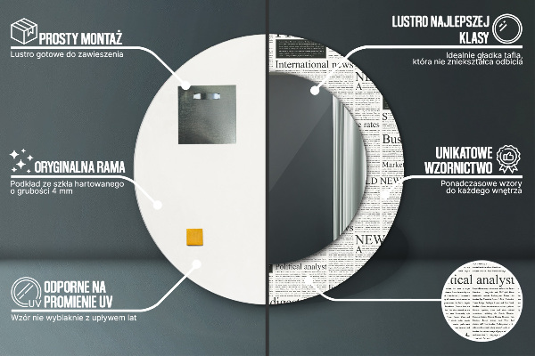 Lustro z drukowaną ramką okrągłe Wzór z gazet
