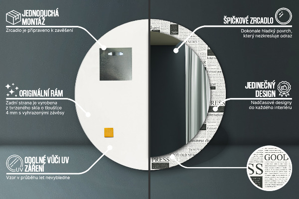 Lustro z drukowaną ramką okrągłe Wzór z gazet