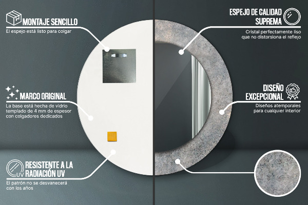 Lustro z drukowaną ramką okrągłe Vintage beton