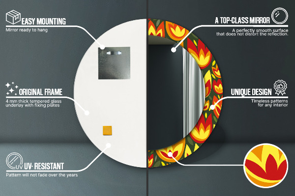 Lustro z drukowaną ramką okrągłe Tulipany retro