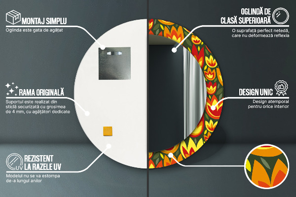 Lustro z drukowaną ramką okrągłe Tulipany retro