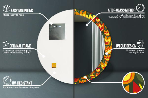 Lustro z drukowaną ramką okrągłe Tulipany retro