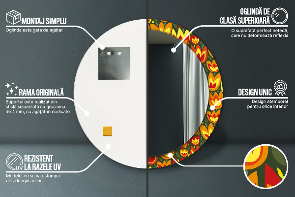 Lustro z drukowaną ramką okrągłe Tulipany retro