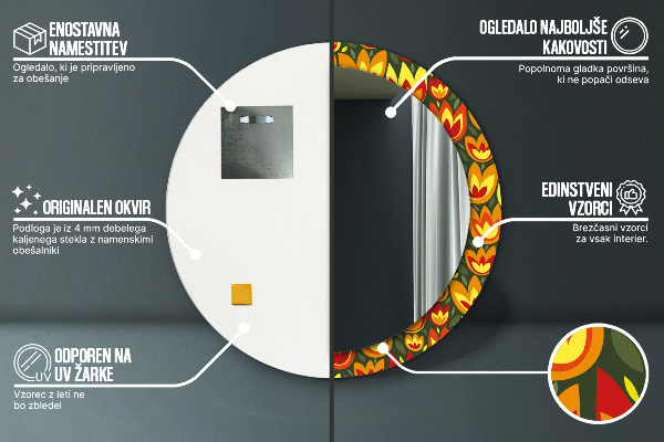 Lustro z drukowaną ramką okrągłe Tulipany retro