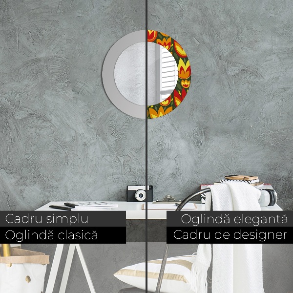 Lustro z drukowaną ramką okrągłe Tulipany retro