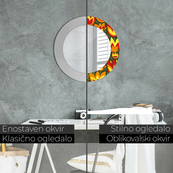 Lustro z drukowaną ramką okrągłe Tulipany retro