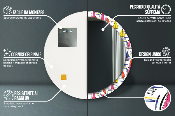 Lustro z drukowaną ramką okrągłe Łódź na jeziorze