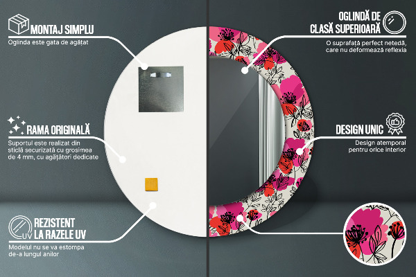 Lustro ścienne dekoracyjne okrągłe Różowe maki