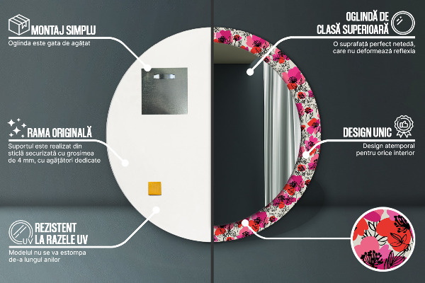 Lustro ścienne dekoracyjne okrągłe Różowe maki