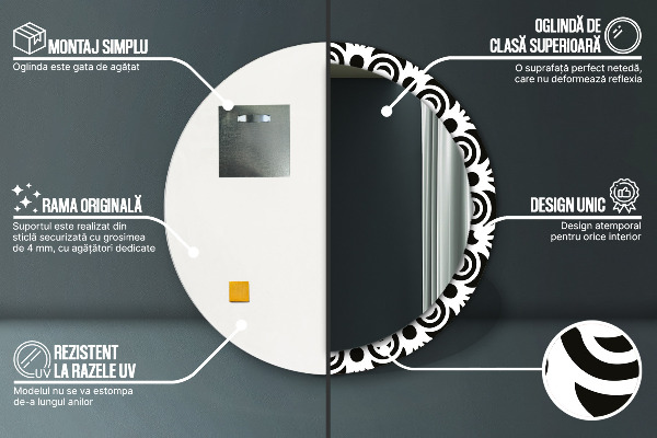 Lustro ścienne dekoracyjne okrągłe Czarny geometryczny ornament