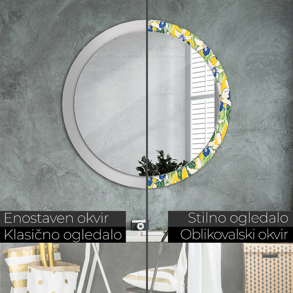 Lustro ramka z nadrukiem okrągłe Niebieskie i żółte orchidee