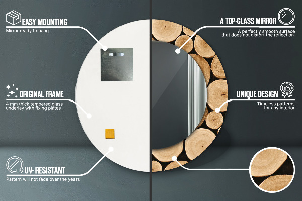 Lustro z drukowaną ramką okrągłe Kłody drewna