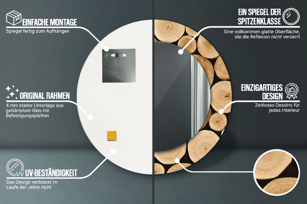 Lustro z drukowaną ramką okrągłe Kłody drewna