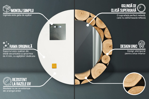 Lustro z drukowaną ramką okrągłe Kłody drewna