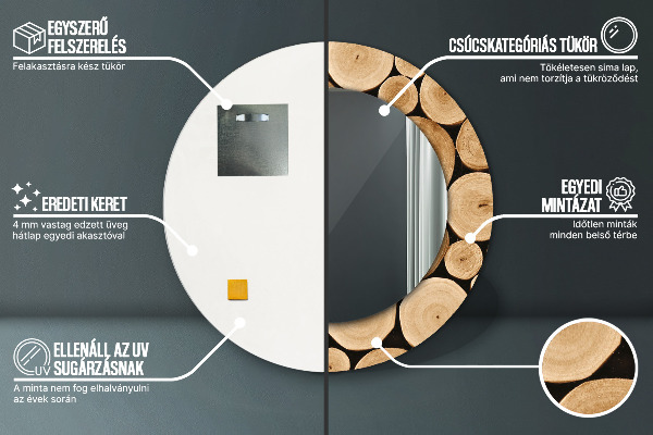 Lustro z drukowaną ramką okrągłe Kłody drewna