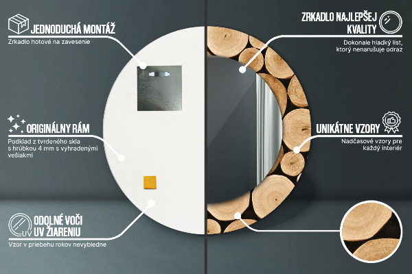 Lustro z drukowaną ramką okrągłe Kłody drewna