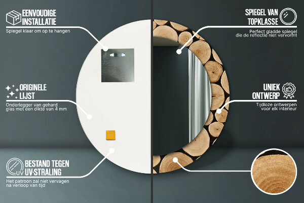 Lustro z drukowaną ramką okrągłe Kłody drewna