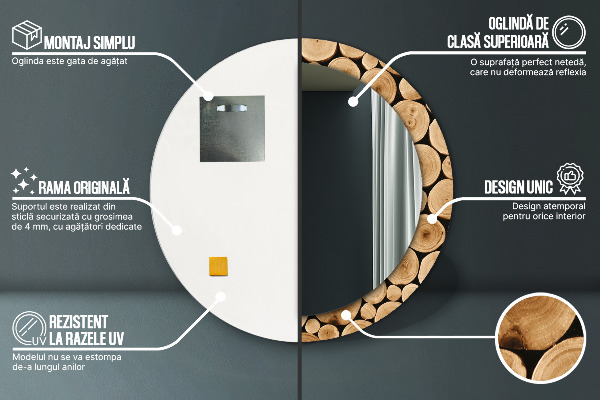 Lustro z drukowaną ramką okrągłe Kłody drewna