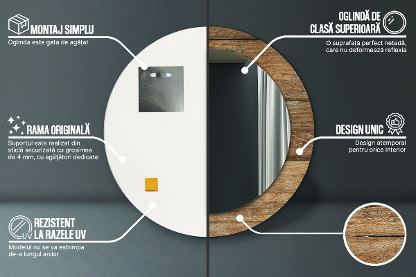 Lustro ramka z nadrukiem okrągłe Stare drewno