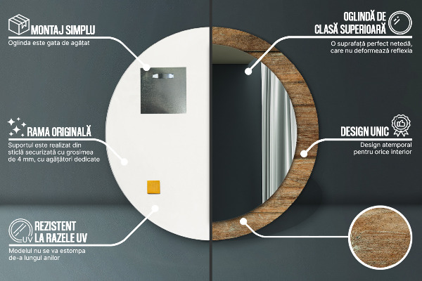 Lustro ramka z nadrukiem okrągłe Stare drewno