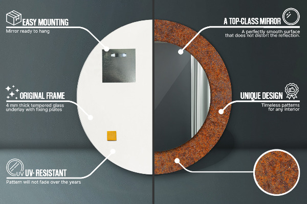 Lustro z drukowaną ramką okrągłe Zardzewiały metal