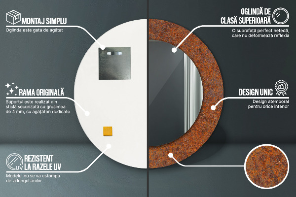 Lustro z drukowaną ramką okrągłe Zardzewiały metal