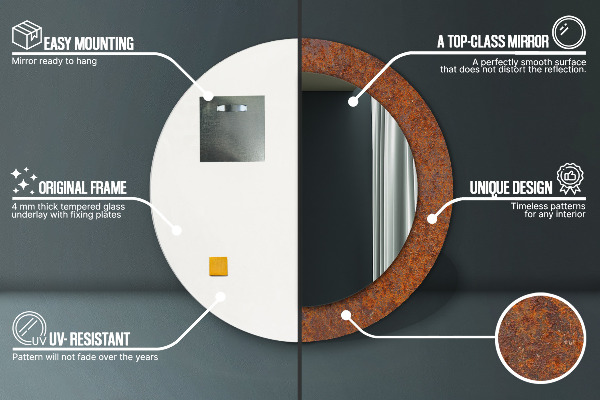 Lustro z drukowaną ramką okrągłe Zardzewiały metal