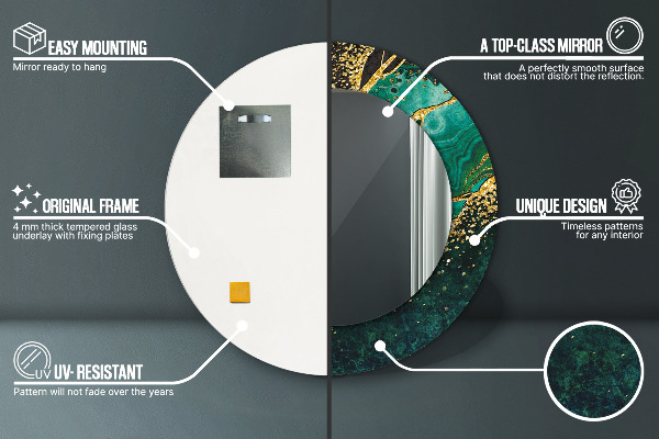 Lustro z drukowaną ramką okrągłe Marmurowa zieleń