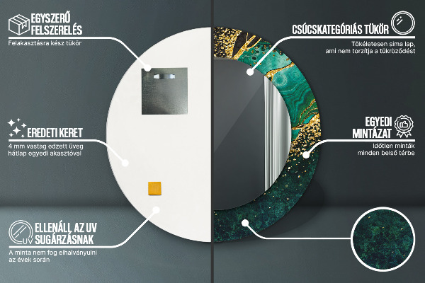 Lustro z drukowaną ramką okrągłe Marmurowa zieleń