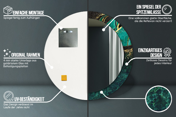 Lustro z drukowaną ramką okrągłe Marmurowa zieleń