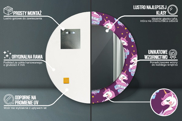 Lustro z drukowaną ramką okrągłe Gwiazdy jednorożca