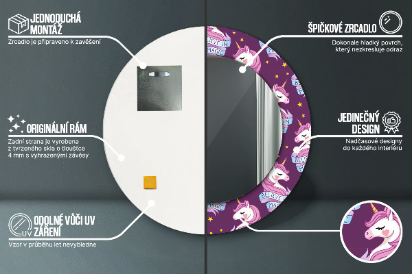 Lustro z drukowaną ramką okrągłe Gwiazdy jednorożca