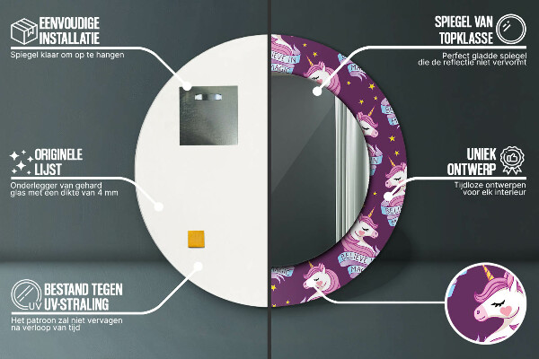 Lustro z drukowaną ramką okrągłe Gwiazdy jednorożca