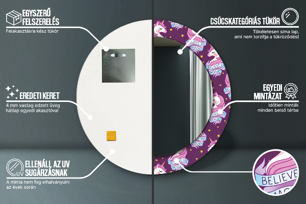 Lustro z drukowaną ramką okrągłe Gwiazdy jednorożca