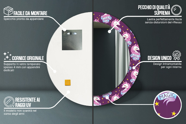 Lustro z drukowaną ramką okrągłe Gwiazdy jednorożca