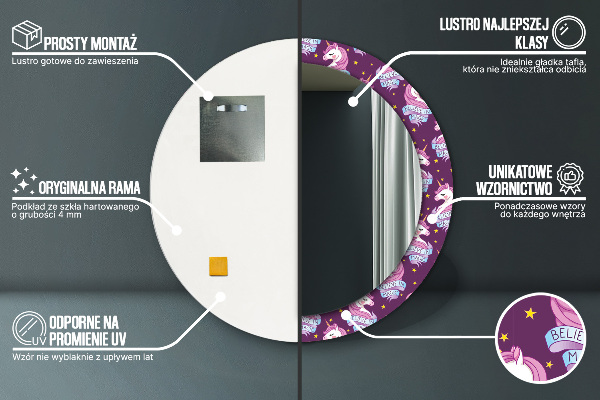 Lustro z drukowaną ramką okrągłe Gwiazdy jednorożca