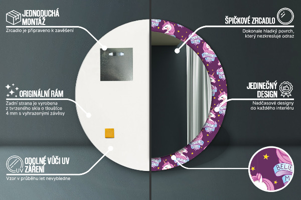 Lustro z drukowaną ramką okrągłe Gwiazdy jednorożca