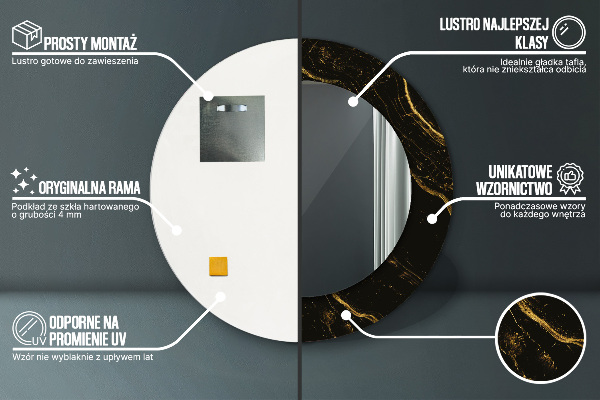 Lustro z drukowaną ramką okrągłe Czarny marmur