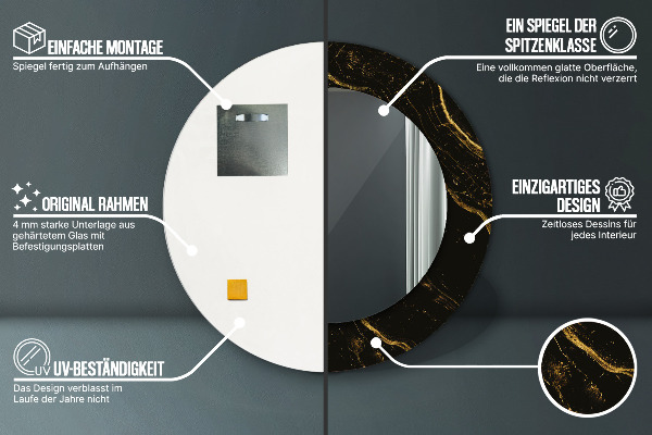 Lustro z drukowaną ramką okrągłe Czarny marmur