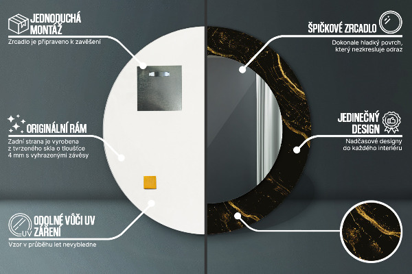 Lustro z drukowaną ramką okrągłe Czarny marmur