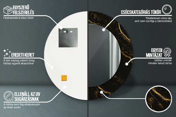 Lustro z drukowaną ramką okrągłe Czarny marmur